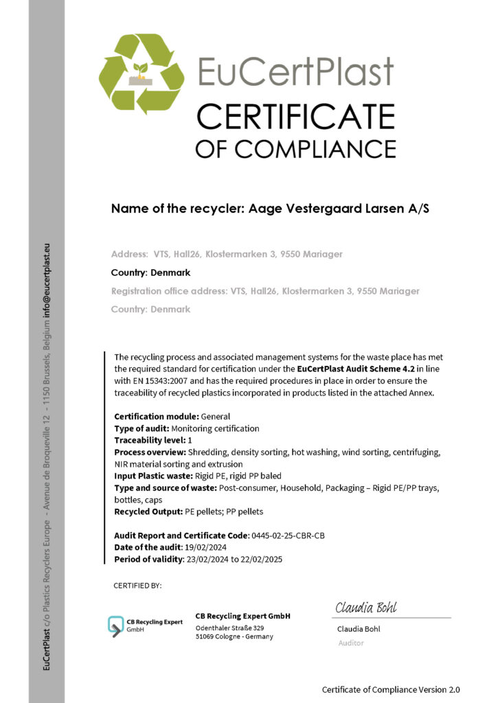 Aage Vestergaard Larsen, EUCertPlast certifikat
